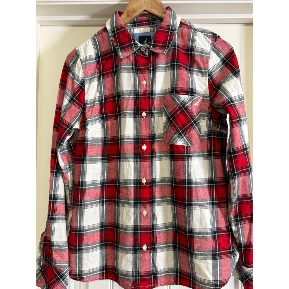 Nautica Jeans Women's S NWT Red Black White Tartan Plaid Cotton Button Down Shir
